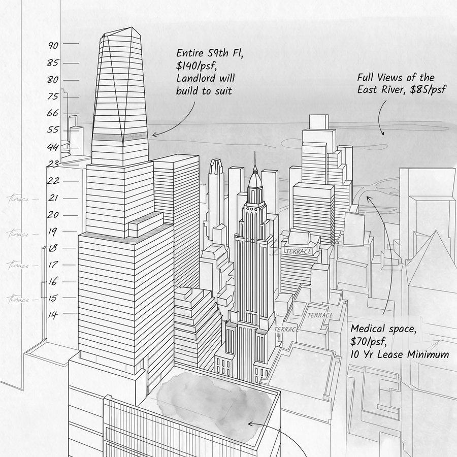 Illustrated building stacking plan showing floor-by-floor availability and pricing