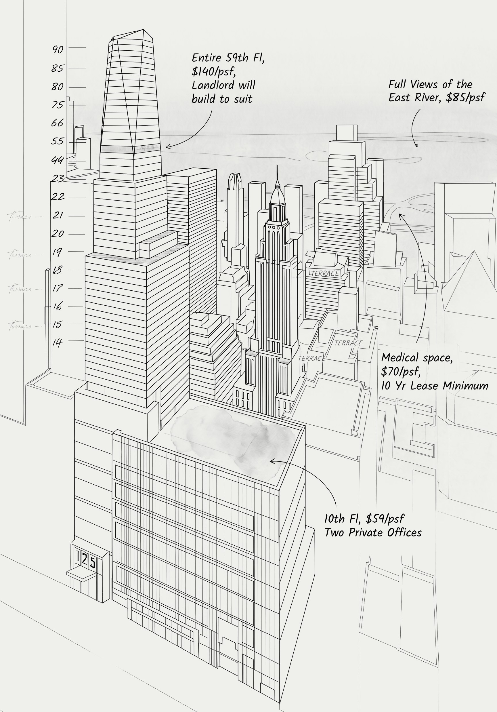 Illustrated building stacking plan showing floor-by-floor availability and pricing