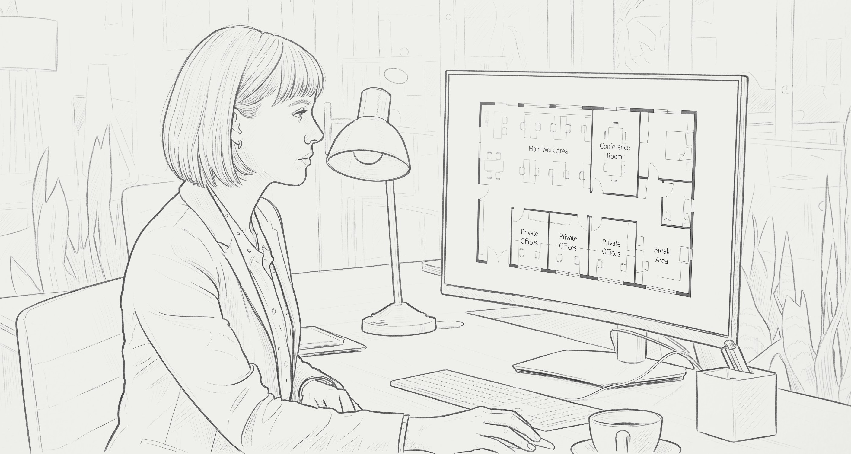 Line-art illustration of a professional reviewing a floor plan on a computer screen