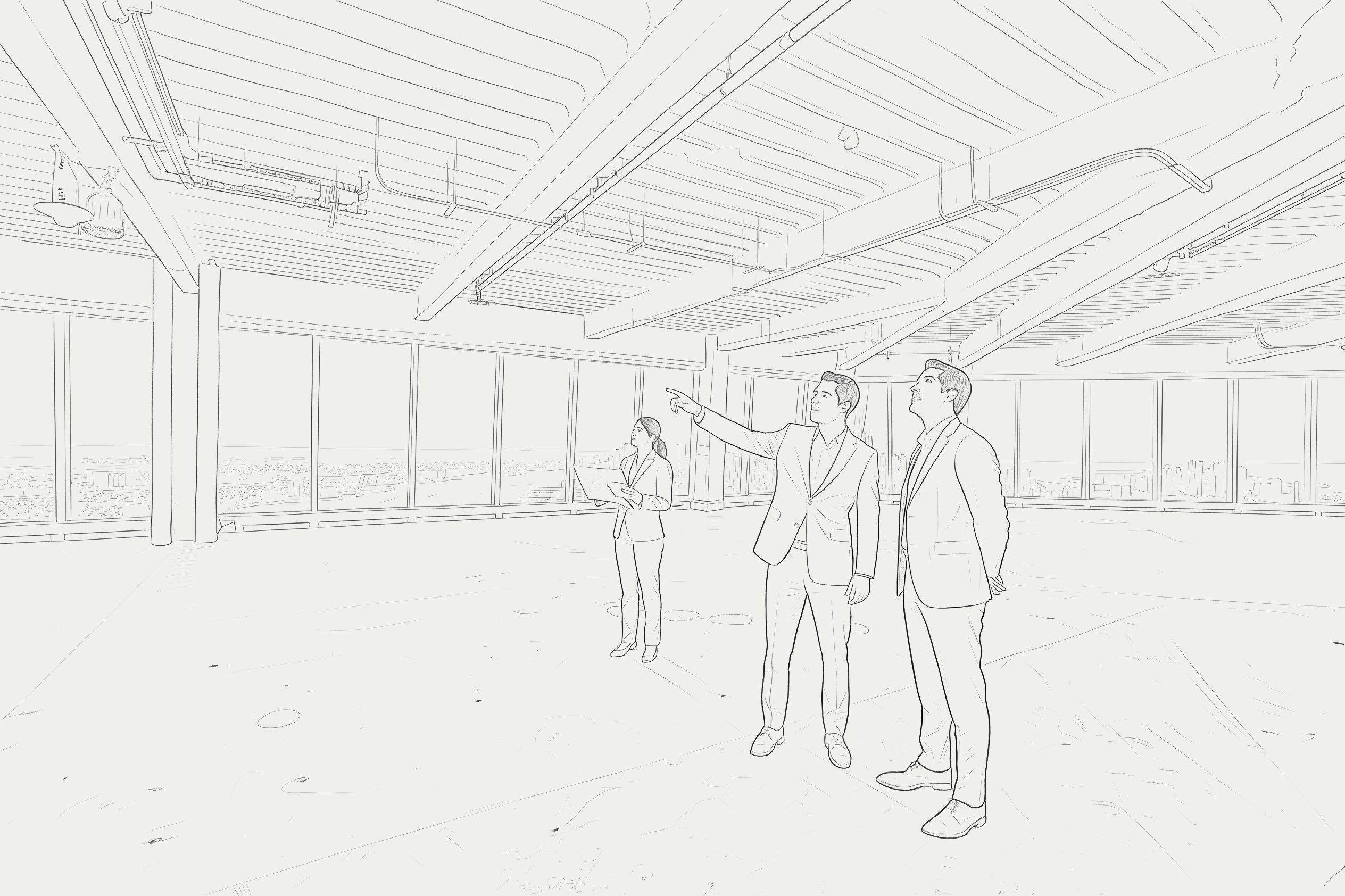 Line-art illustration of a broker team touring an open commercial space