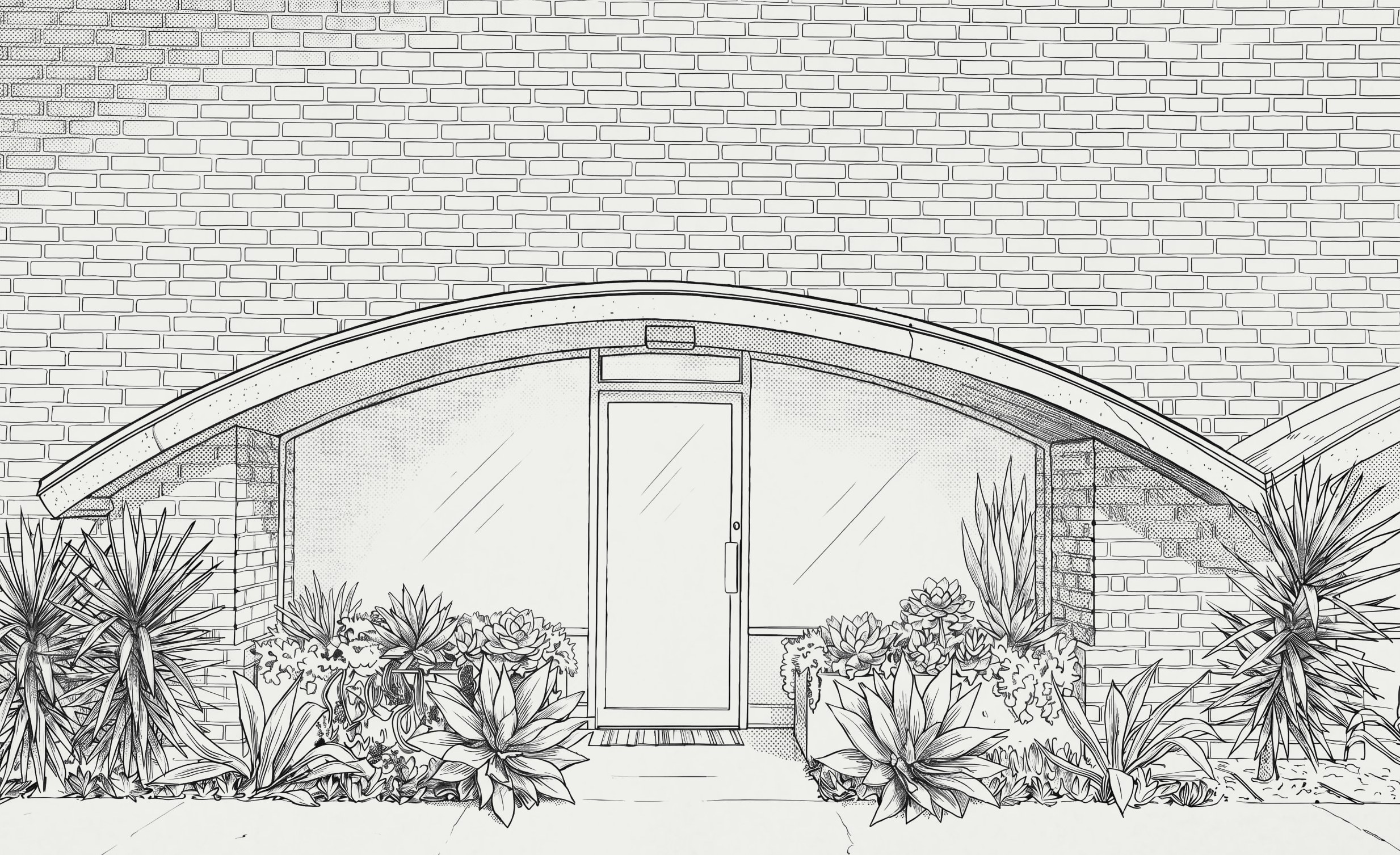 Line-art elevation illustration of a commercial complex entry facade with desert landscaping