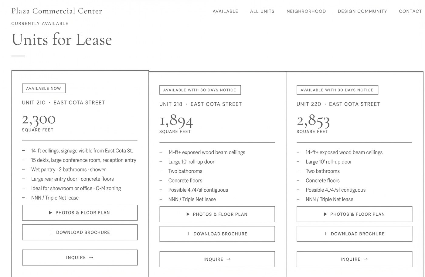 Neighborhood page from the Plaza Commercial Center website