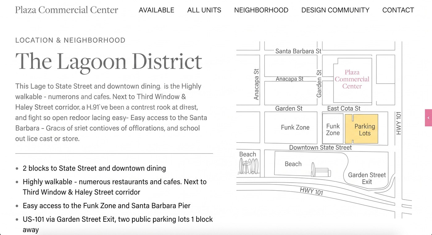 Units for lease page from the Plaza Commercial Center website