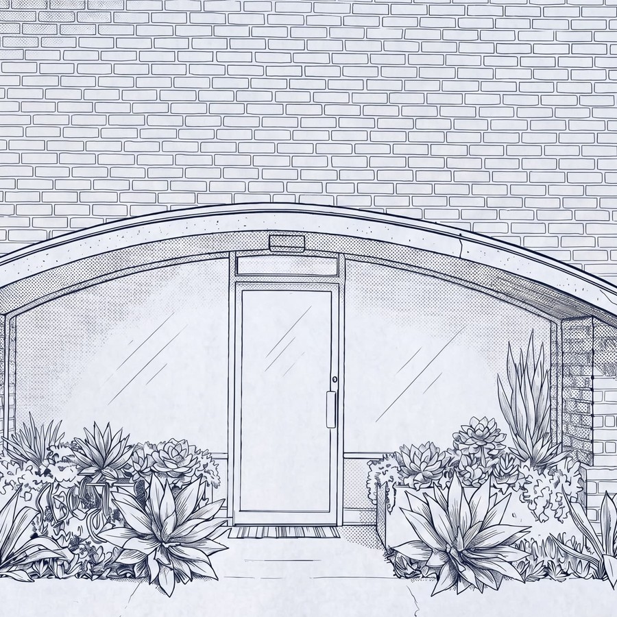 Line-art elevation illustration of a commercial complex entry facade with desert landscaping