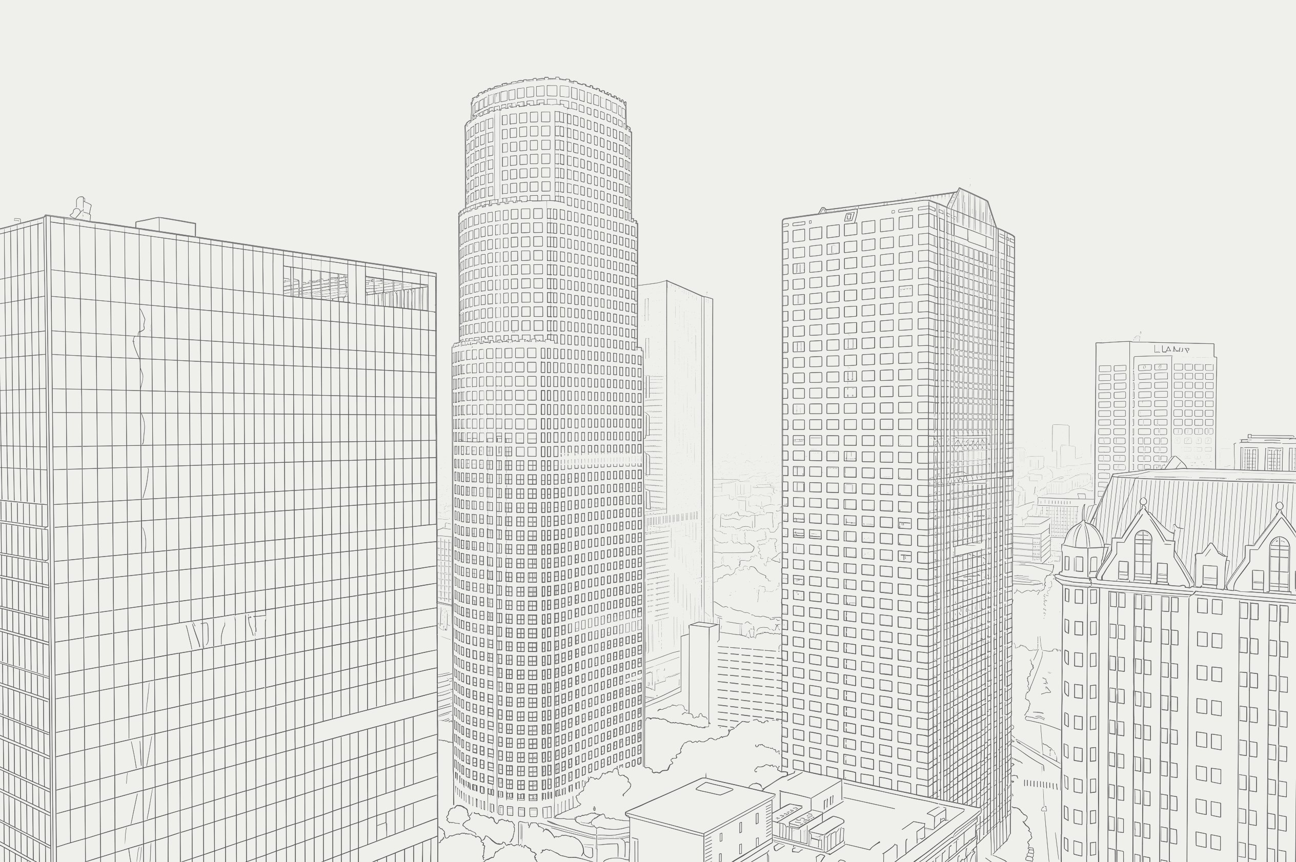 Line-art illustration of a downtown skyline with a distinctive cylindrical office tower