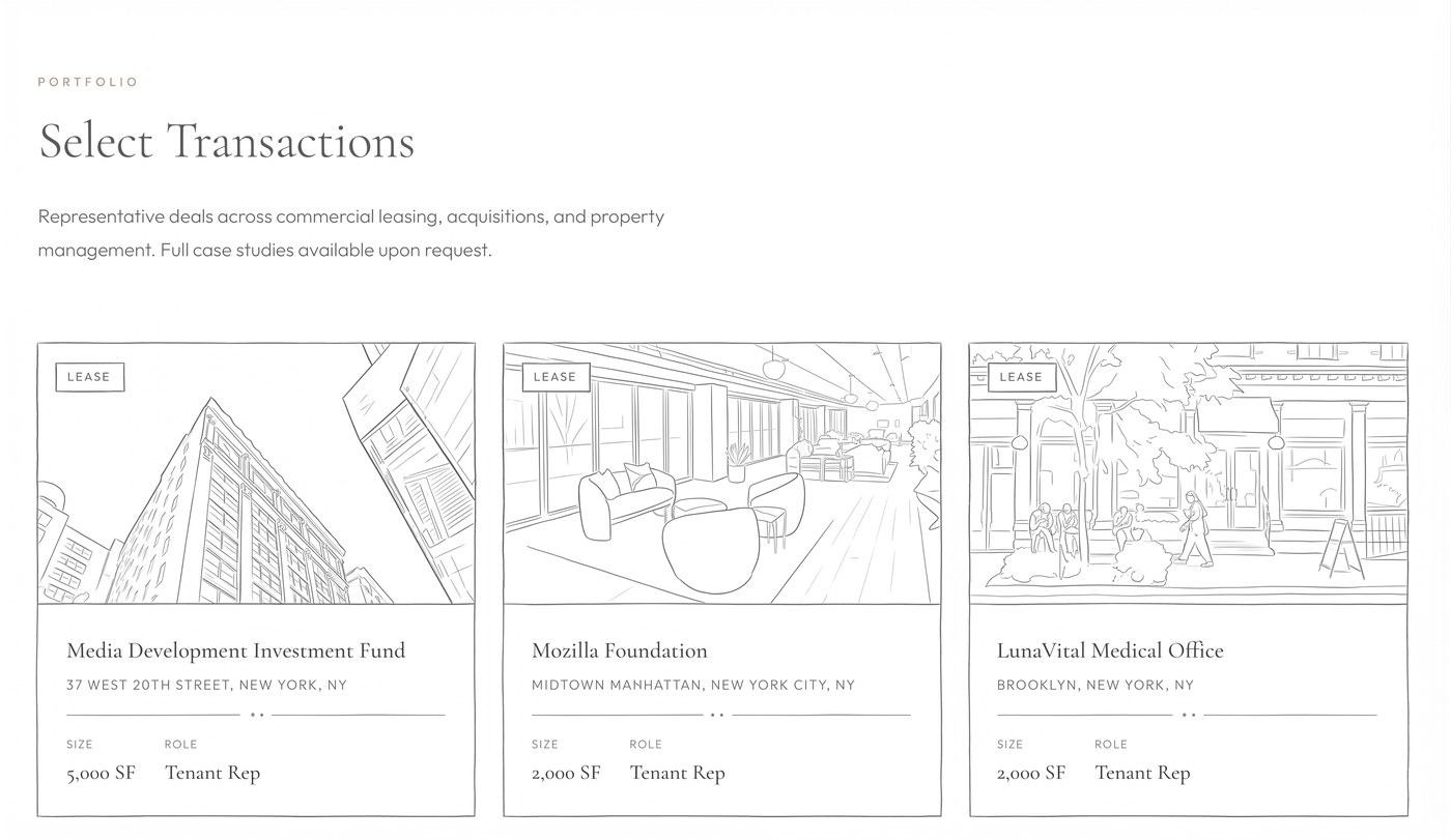 Full-Spectrum Commercial Real Estate Advisory services section from a broker's agent website