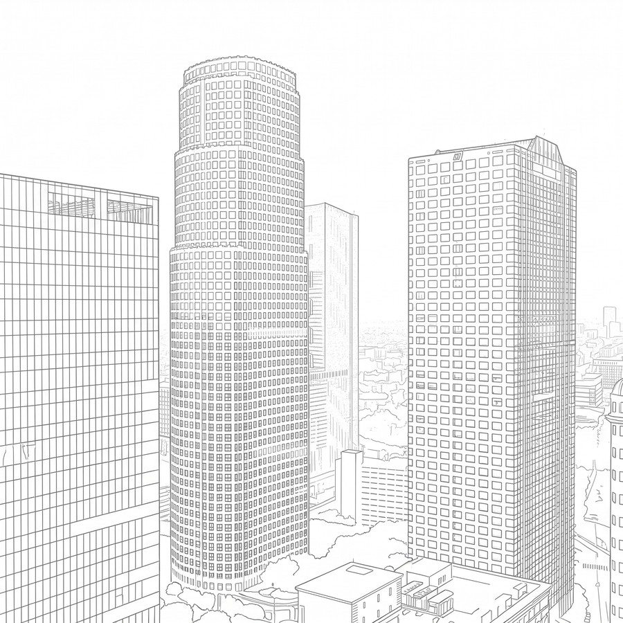 Line-art illustration of a downtown skyline with a distinctive cylindrical office tower