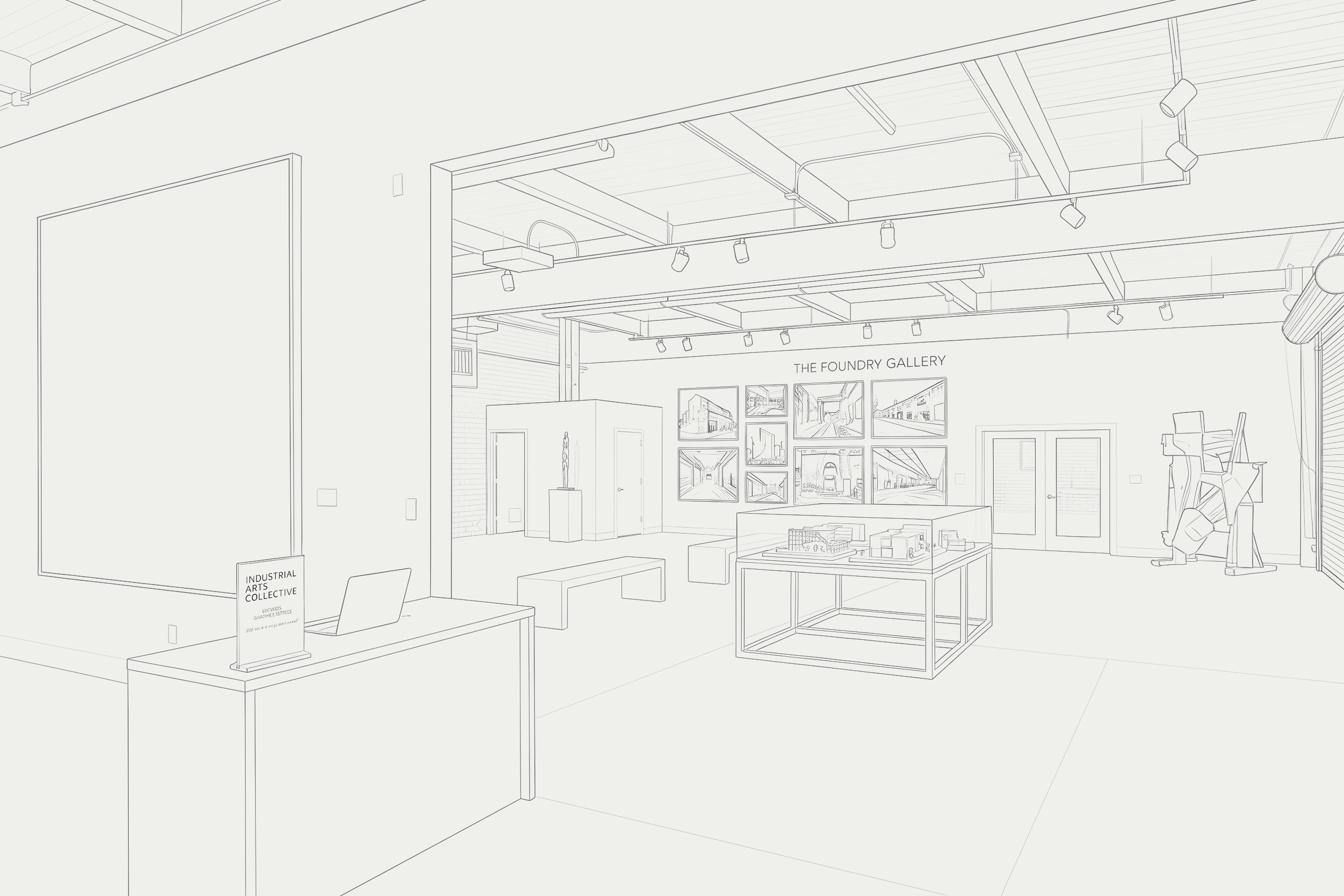 Line-art illustration of a fully designed gallery space with framed prints on the wall and a reception desk