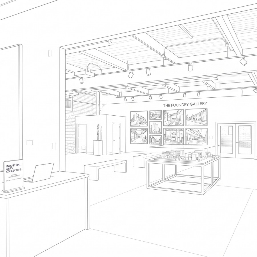 Line-art illustration of a fully designed gallery space with framed prints on the wall and a reception desk