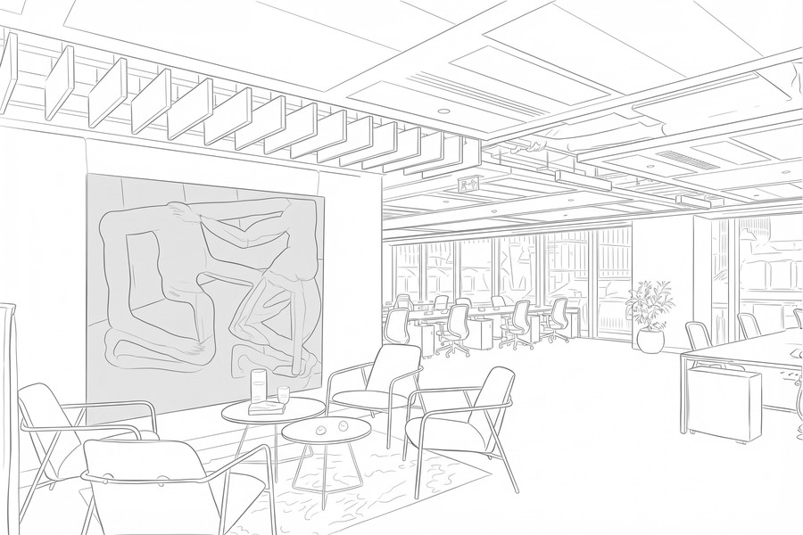 Illustration of an office lounge with a wall art accent