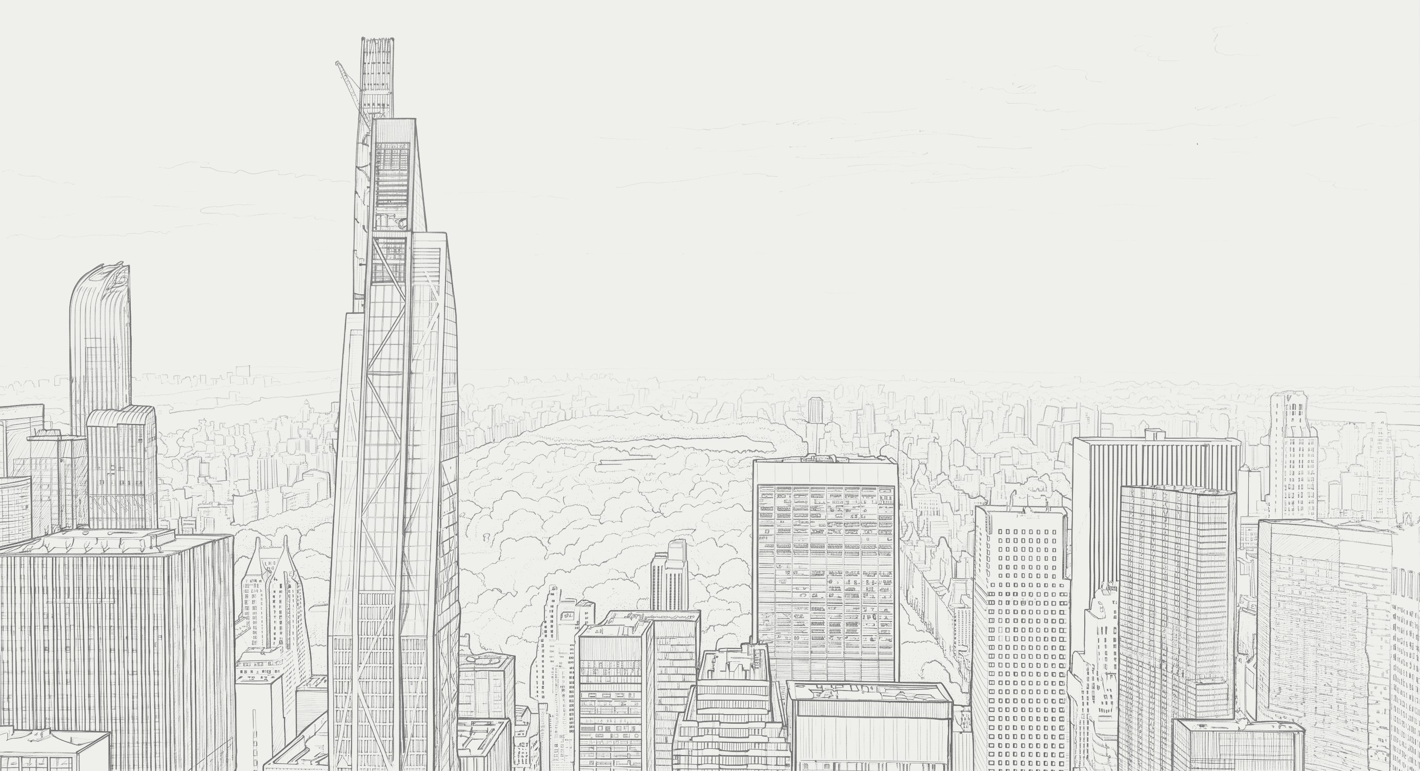 Line-art illustration of a Manhattan skyscraper under construction with a crane, overlooking Central Park