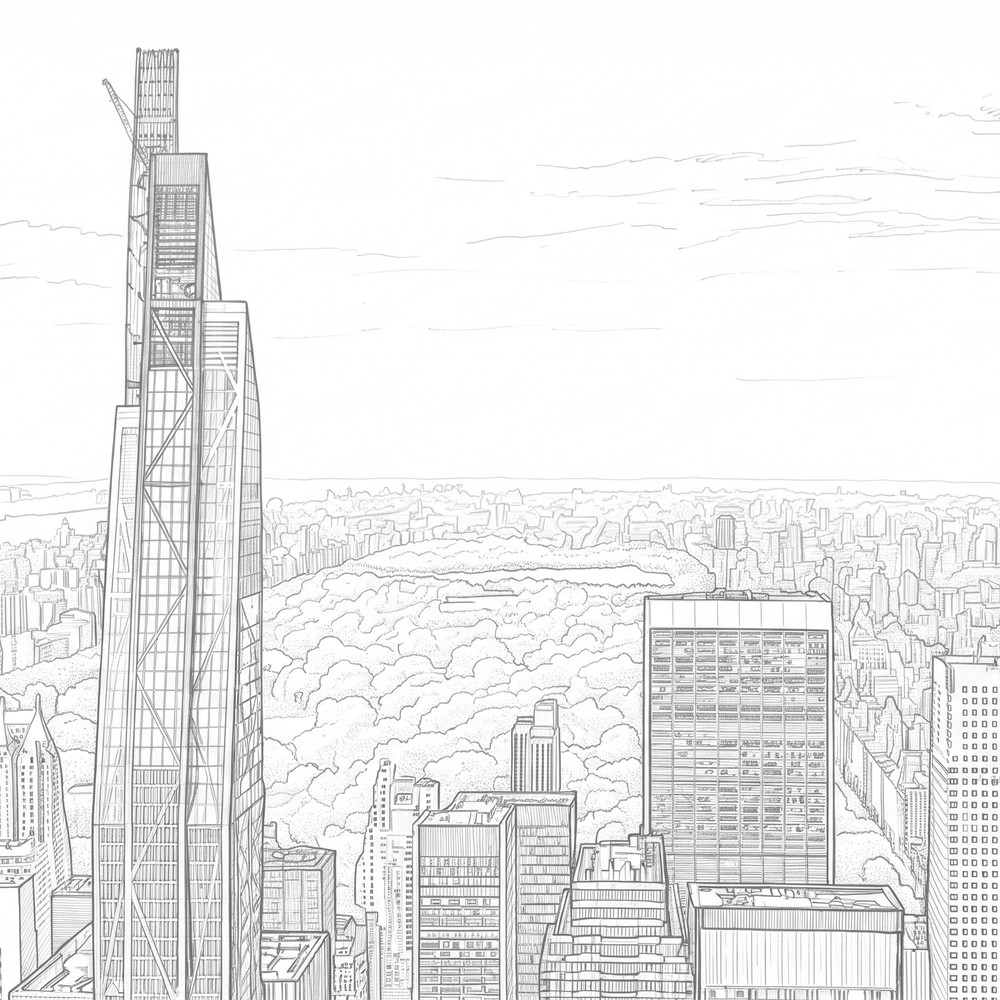 Line-art illustration of a Manhattan skyscraper overlooking Central Park