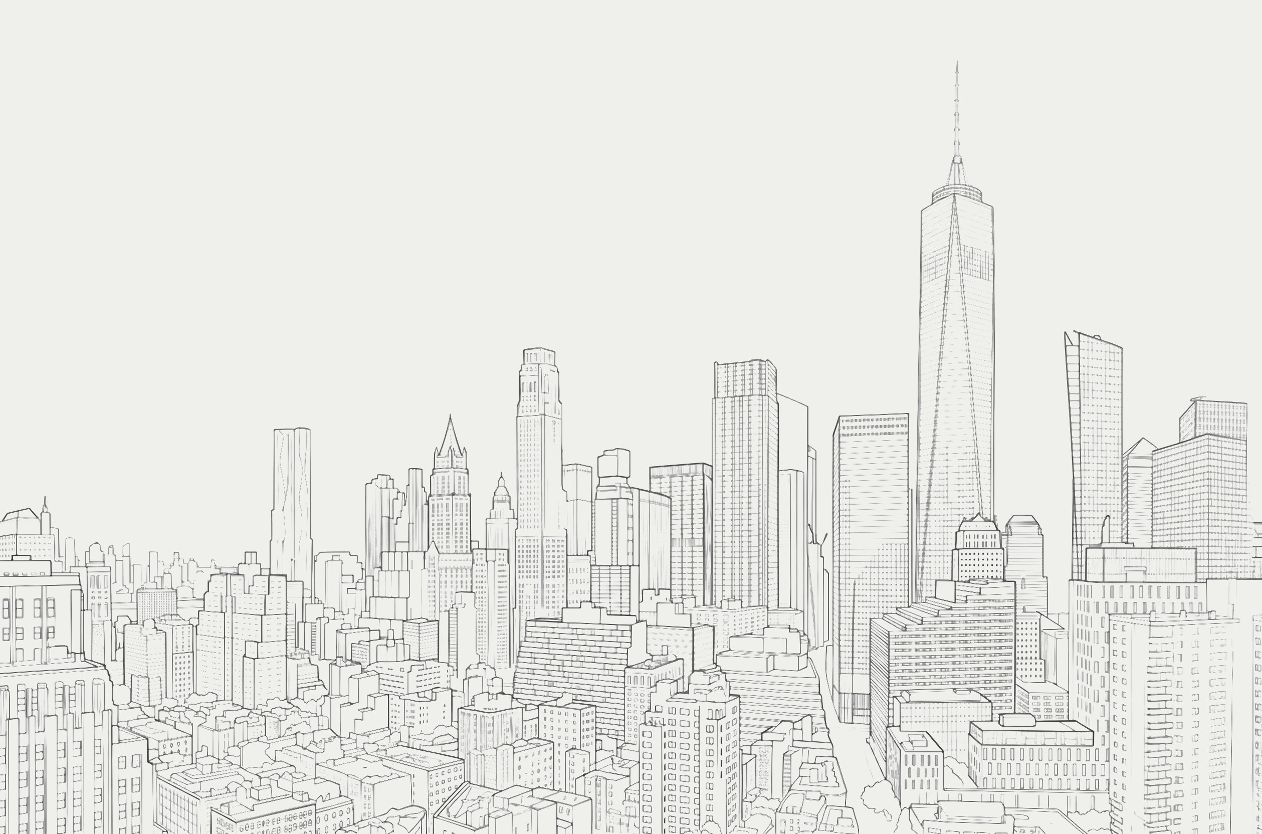 Line-art illustration of the Lower Manhattan skyline