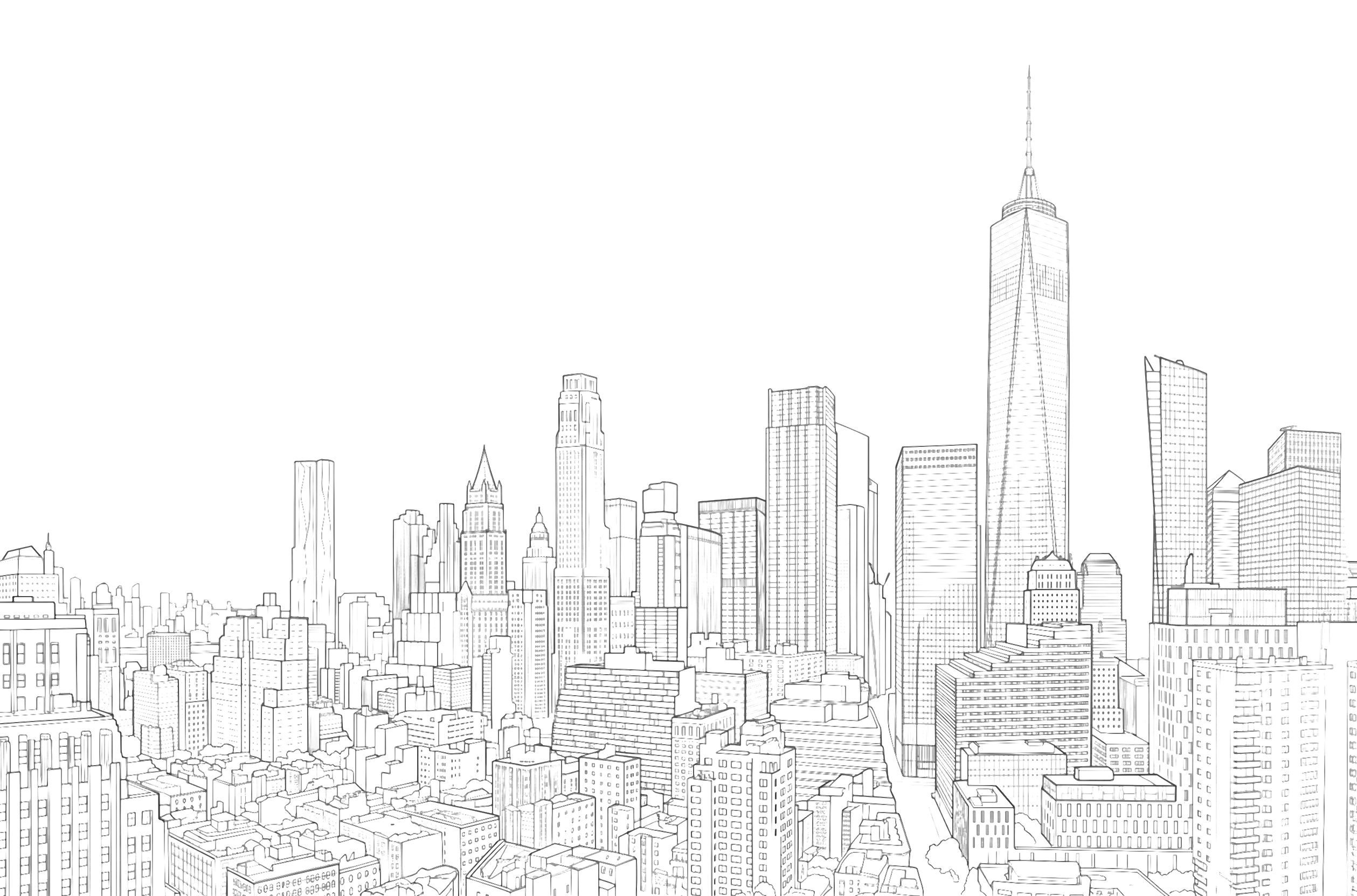 Line-art illustration of the Lower Manhattan skyline