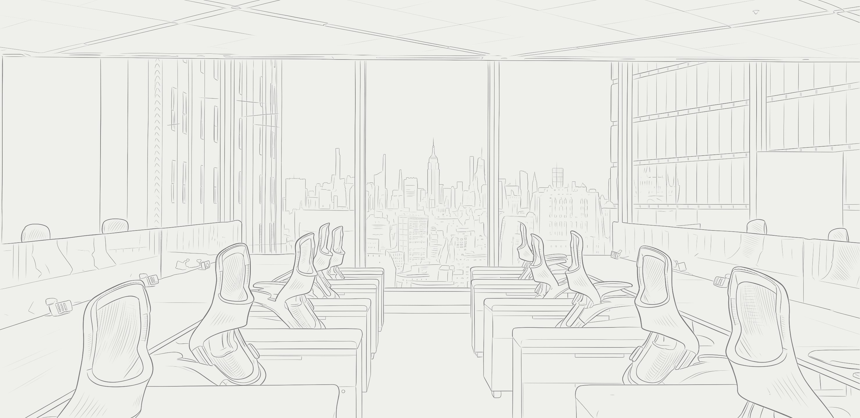 Line-art illustration of an empty conference room overlooking the Manhattan skyline