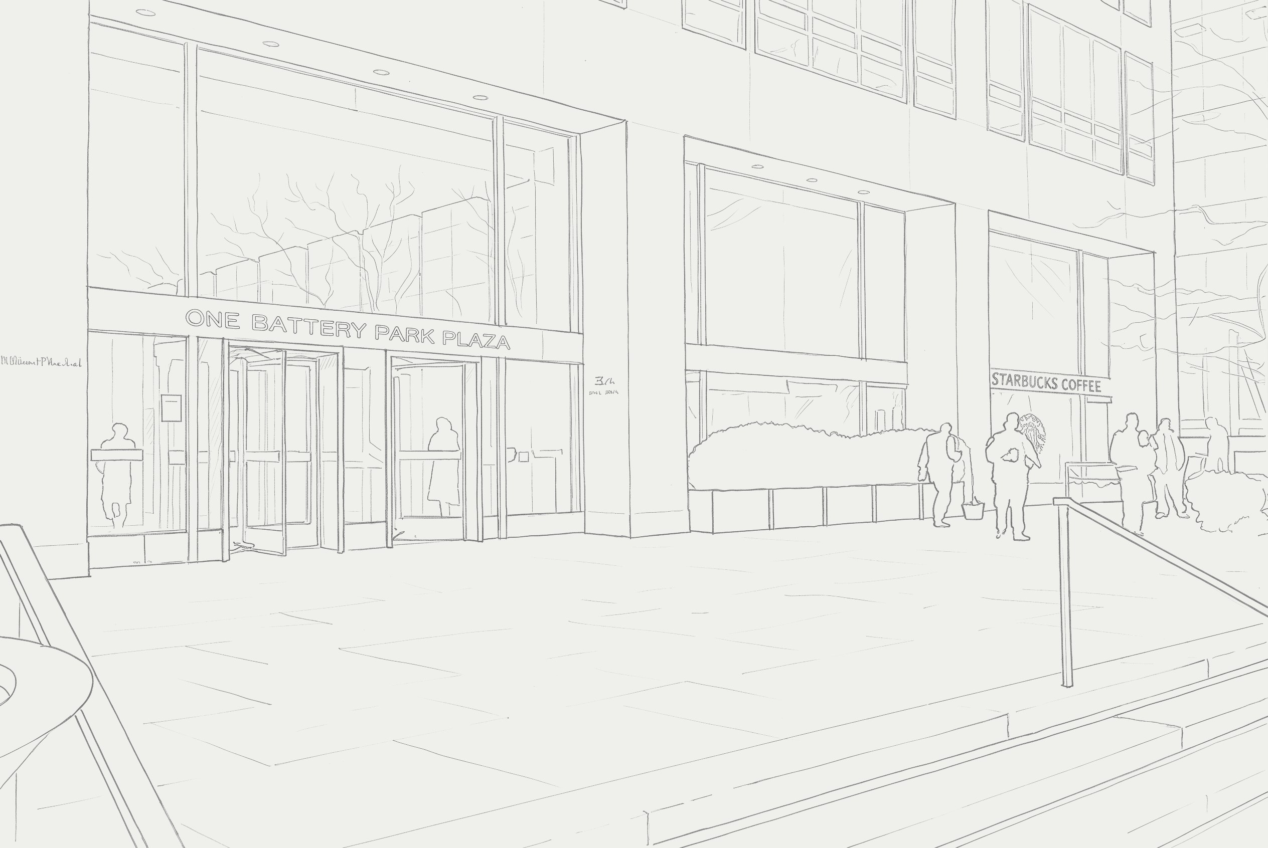 Line-art illustration of the entrance to One Battery Park Plaza in Manhattan's Financial District