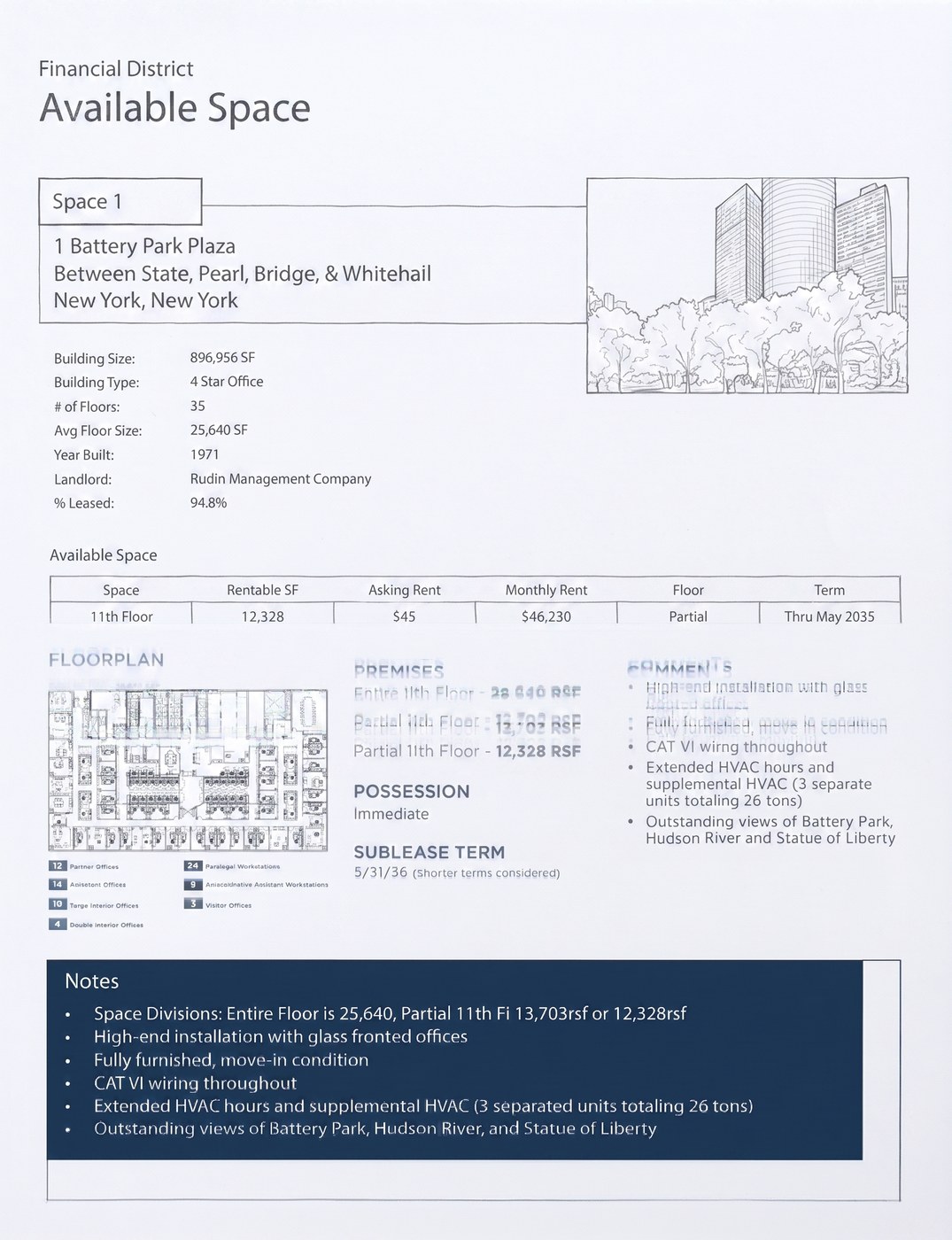 Sample deal flyer for Space 1, 1 Battery Park Plaza