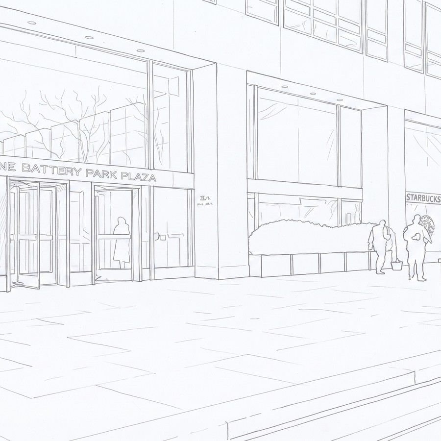 Line-art illustration of the entrance to One Battery Park Plaza in Manhattan's Financial District