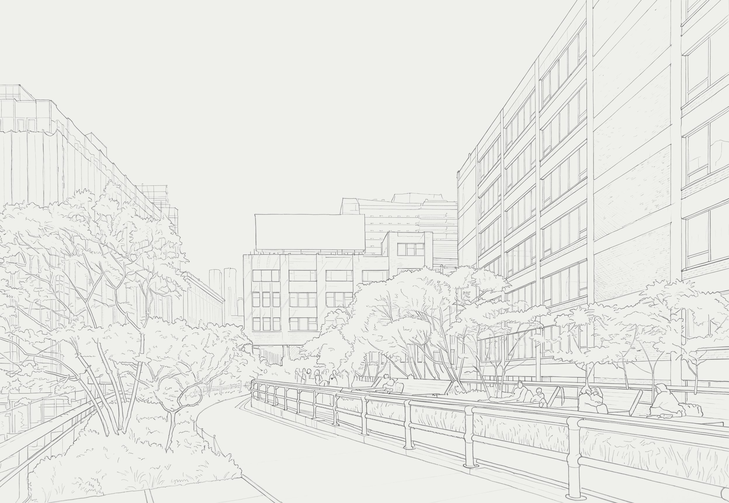 Line-art illustration of an elevated park walkway lined with trees and city buildings, in the style of the High Line