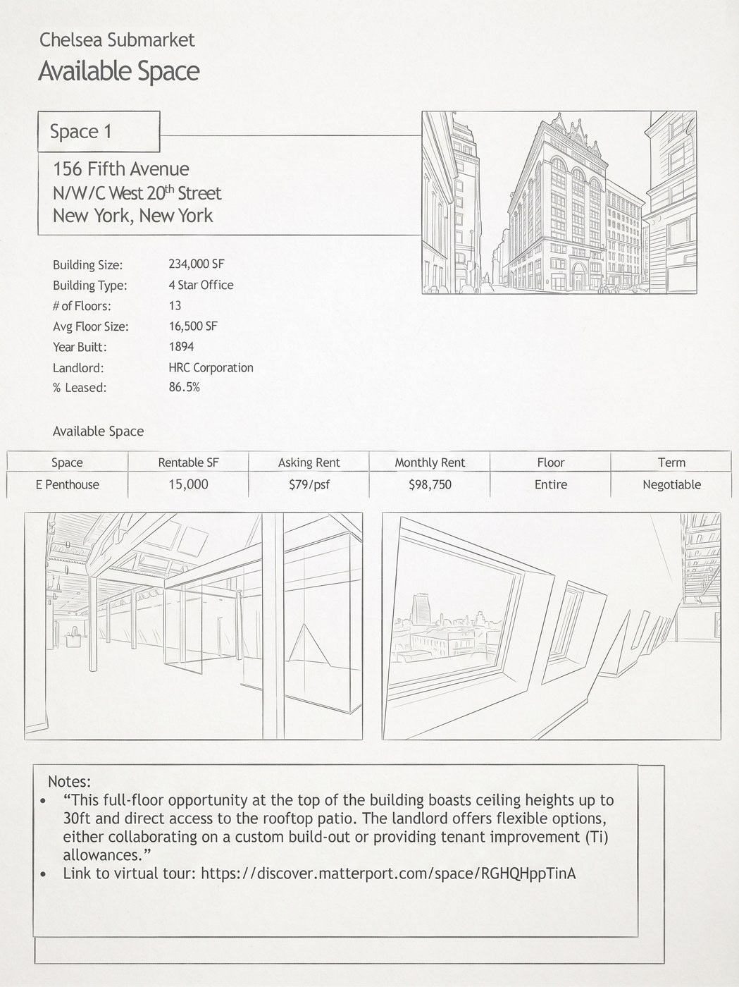 Sample floor plan for the East Penthouse at 156 Fifth Avenue, Chelsea