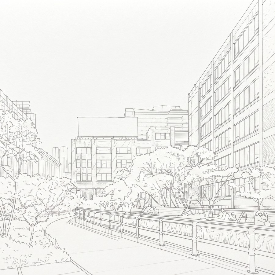 Line-art illustration of an elevated park walkway lined with trees, in the style of the High Line