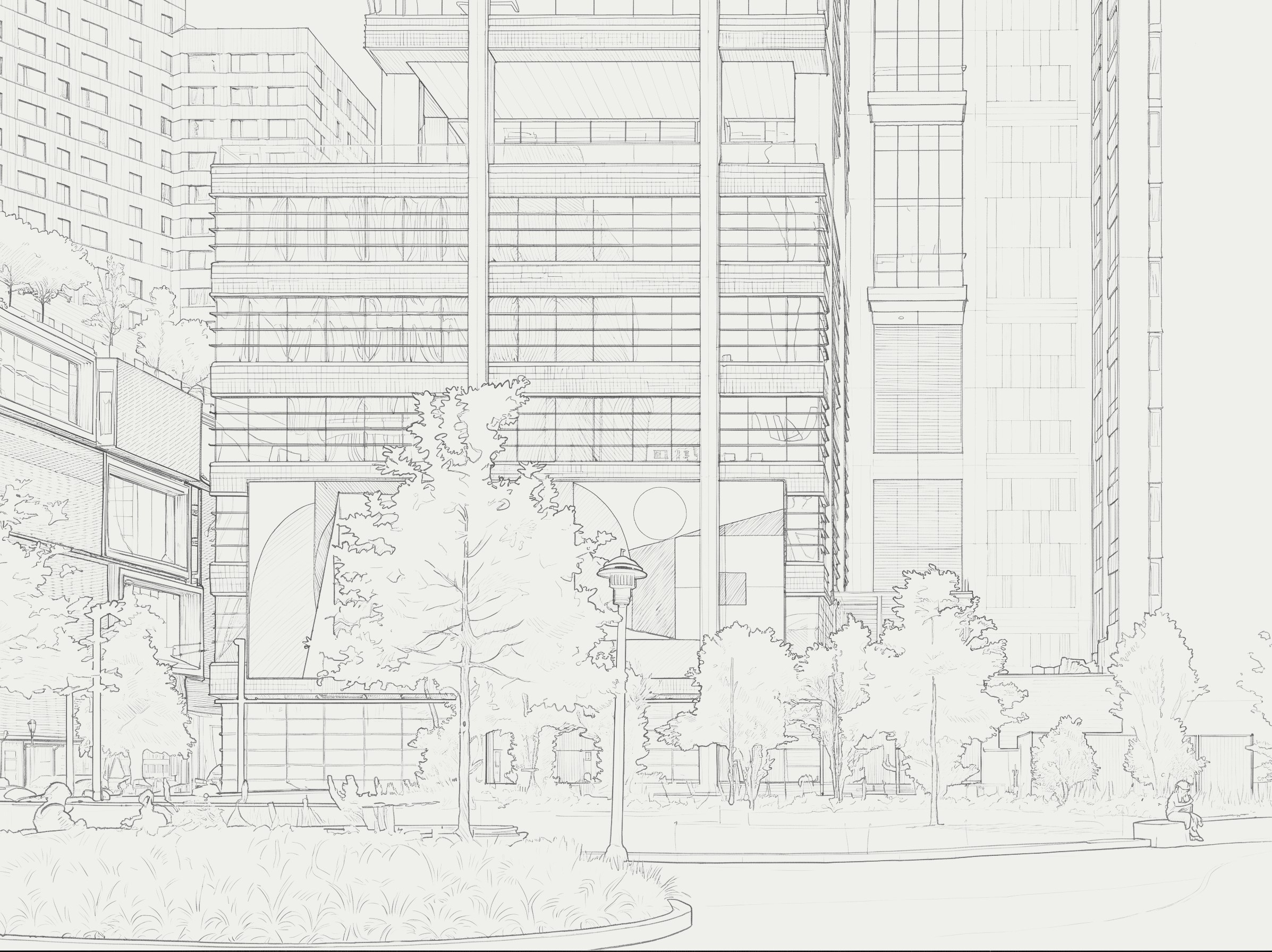 Line-art illustration of a Downtown Brooklyn streetscape with modern office towers and street trees