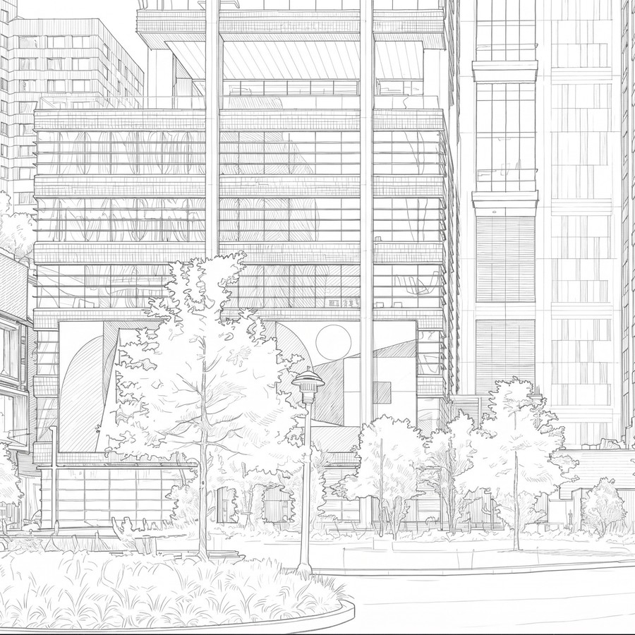 Line-art illustration of a Downtown Brooklyn streetscape with modern office towers and street trees